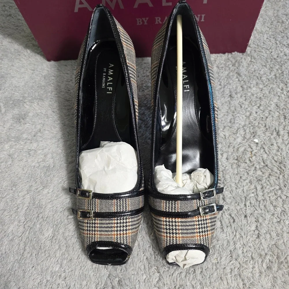 VTG Amalfi Rangoni Women's Plaid‎ Peep Toe Heels Italian Leather Lined 7.5 NIB